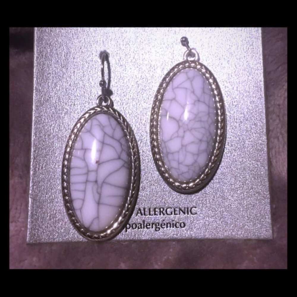 Gray Marble Oval Statement Earrings | Silver Tone Dangle Earrings | Boho Chic - Picture 3 of 4